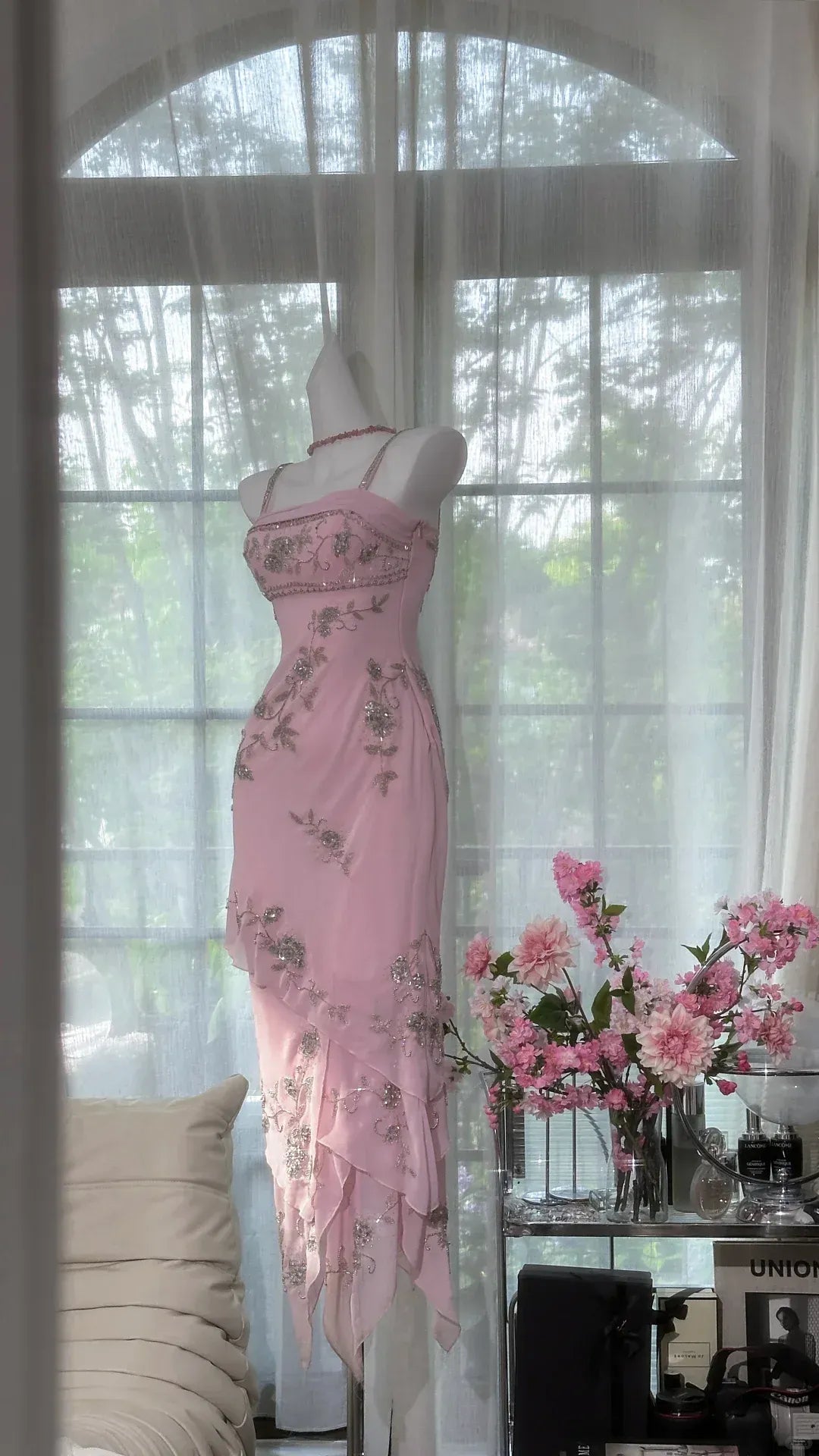 Blush Pink Beaded Floral Midi Dress – Spaghetti Strap Asymmetrical Hem Evening Dress