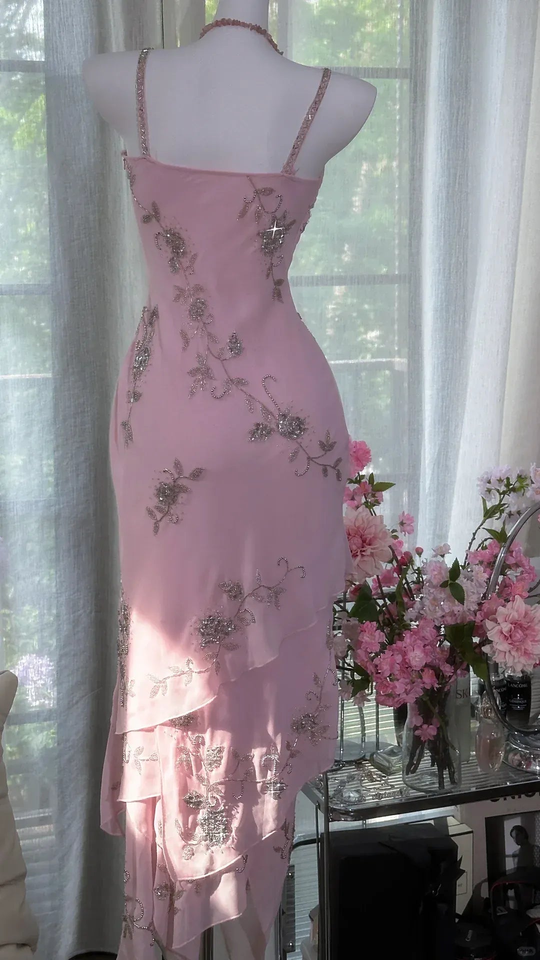 Blush Pink Beaded Floral Midi Dress – Spaghetti Strap Asymmetrical Hem Evening Dress