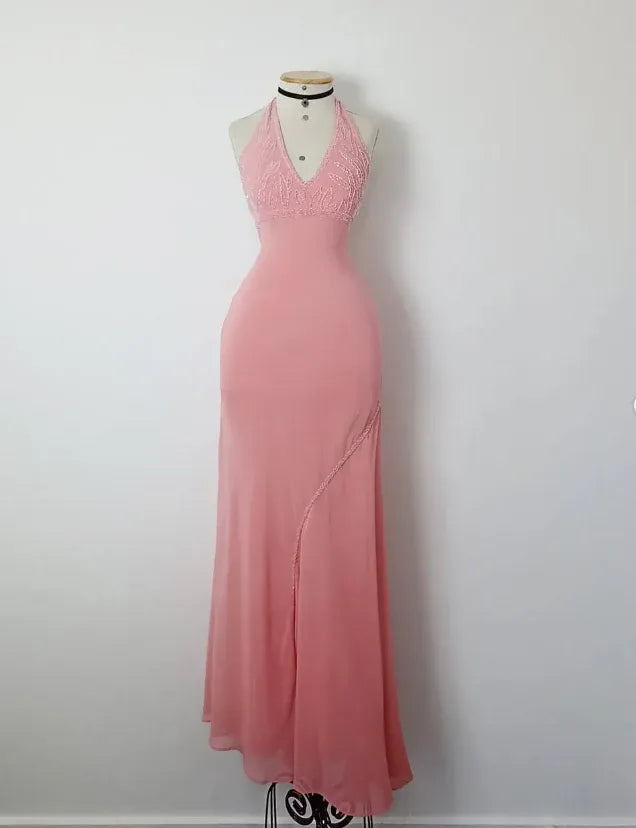 Blush Pink Beaded Halter Maxi Dress – Backless Bodycon Formal Gown with Chiffon Skirt