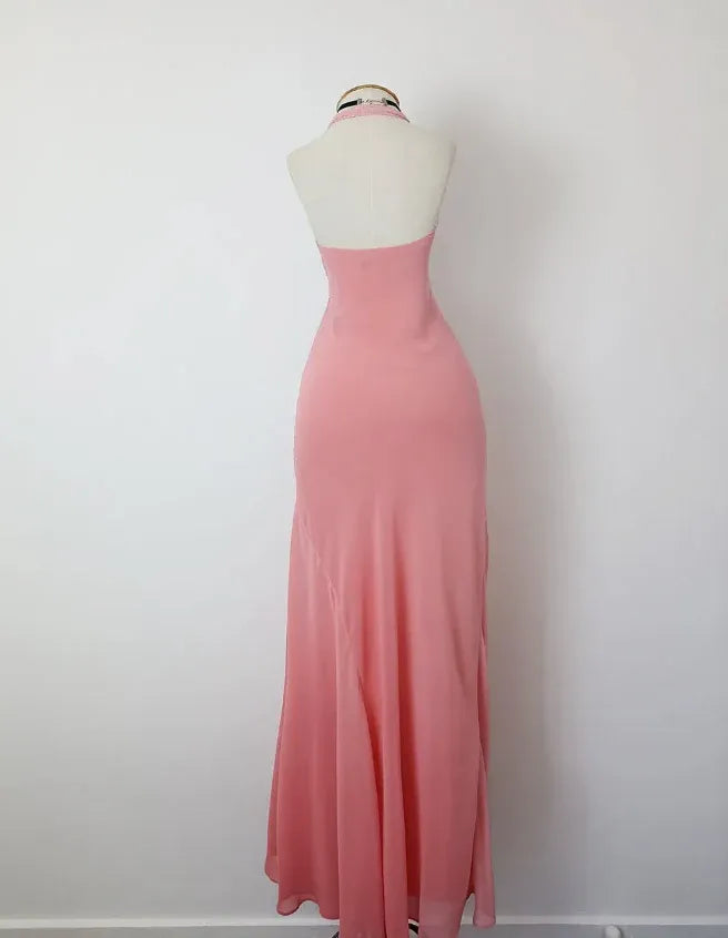 Blush Pink Beaded Halter Maxi Dress – Backless Bodycon Formal Gown with Chiffon Skirt