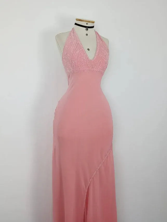 Blush Pink Beaded Halter Maxi Dress – Backless Bodycon Formal Gown with Chiffon Skirt