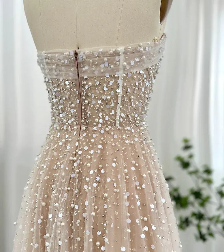 Blush Pink Beaded Tulle Strapless A-Line Prom Gown – Sheer Corset Formal Wedding Guest Dress with Train