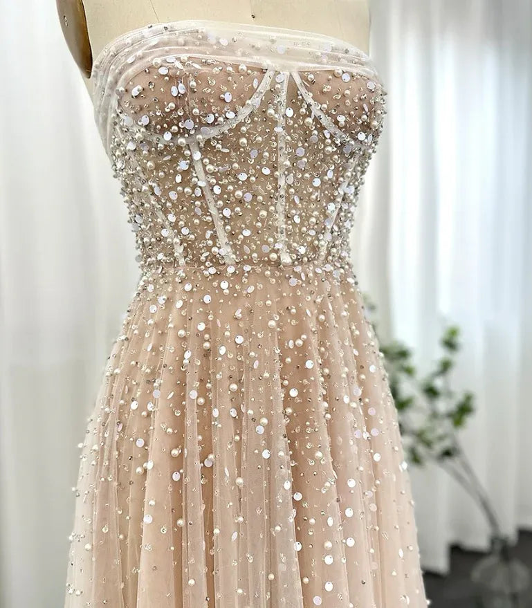 Blush Pink Beaded Tulle Strapless A-Line Prom Gown – Sheer Corset Formal Wedding Guest Dress with Train