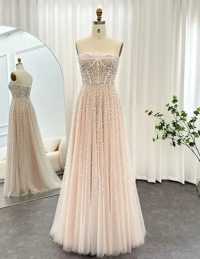 Blush Pink Beaded Tulle Strapless A-Line Prom Gown – Sheer Corset Formal Wedding Guest Dress with Train
