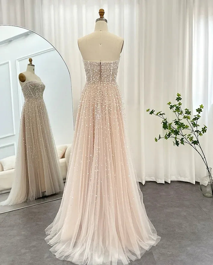 Blush Pink Beaded Tulle Strapless A-Line Prom Gown – Sheer Corset Formal Wedding Guest Dress with Train