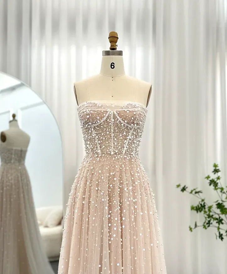 Blush Pink Beaded Tulle Strapless A-Line Prom Gown – Sheer Corset Formal Wedding Guest Dress with Train