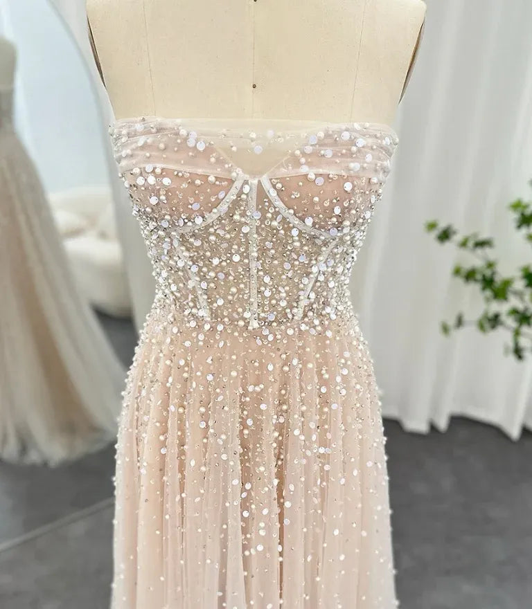 Blush Pink Beaded Tulle Strapless A-Line Prom Gown – Sheer Corset Formal Wedding Guest Dress with Train