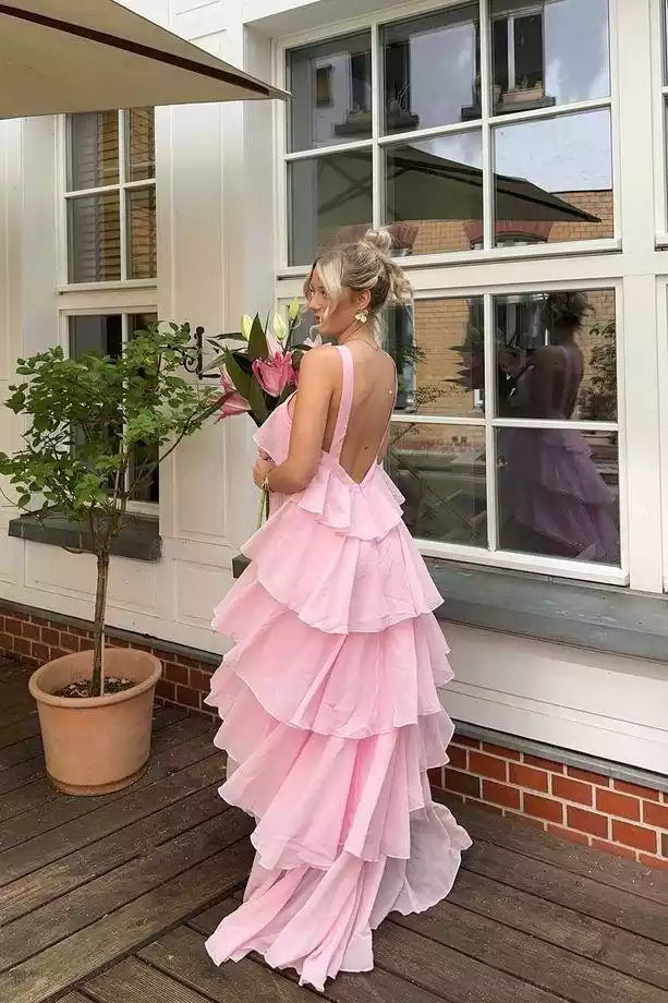 Blush Pink Chiffon Halter Ruffled Gown – Romantic & Airy Evening Party Dress