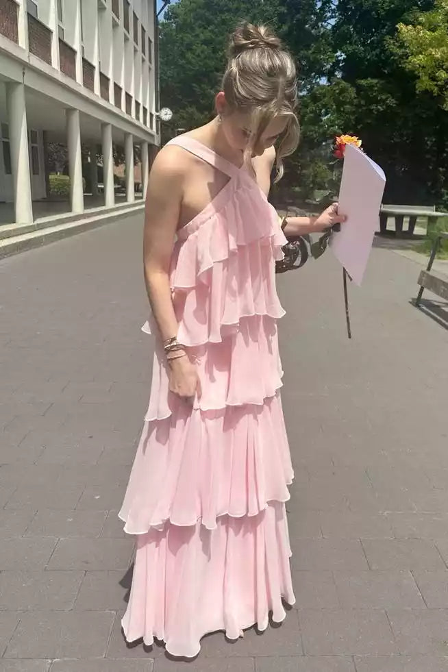 Blush Pink Chiffon Halter Ruffled Gown – Romantic & Airy Evening Party Dress