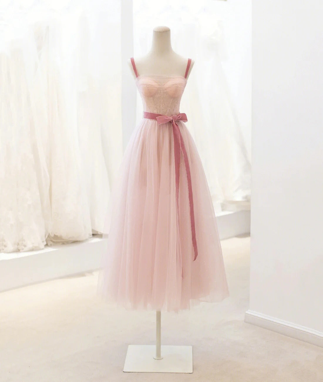 Blush Pink Contrast Strap Velvet Bow Glitter Tulle A-Line Midi Dress