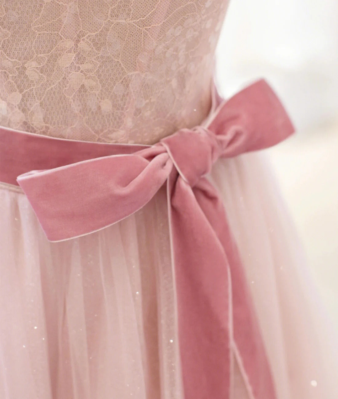 Blush Pink Contrast Strap Velvet Bow Glitter Tulle A-Line Midi Dress
