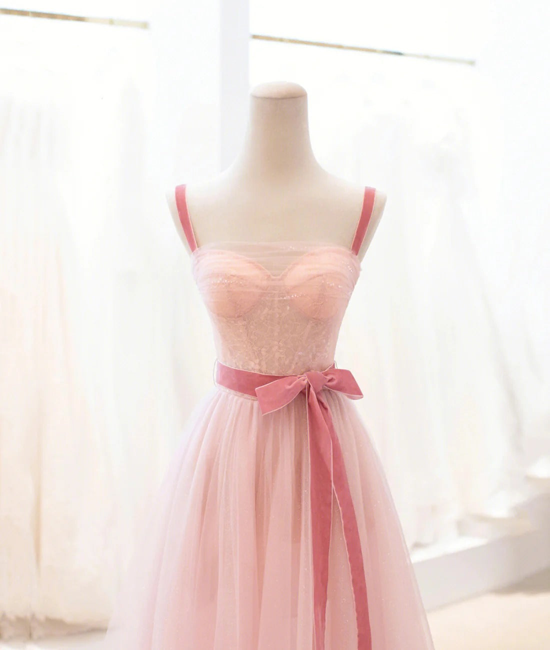 Blush Pink Contrast Strap Velvet Bow Glitter Tulle A-Line Midi Dress