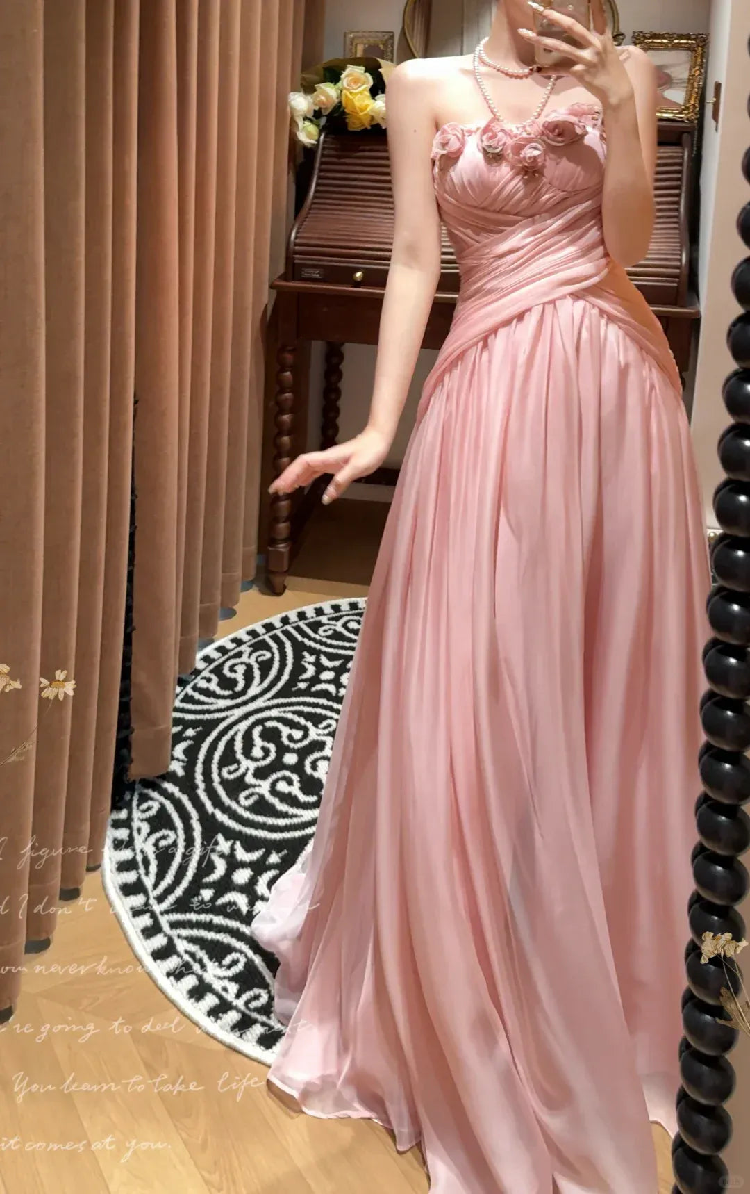 Blush Pink Floral Halter Tulle Gown – Ruched Bodice Flowy Maxi Dress with Pearl Neckline