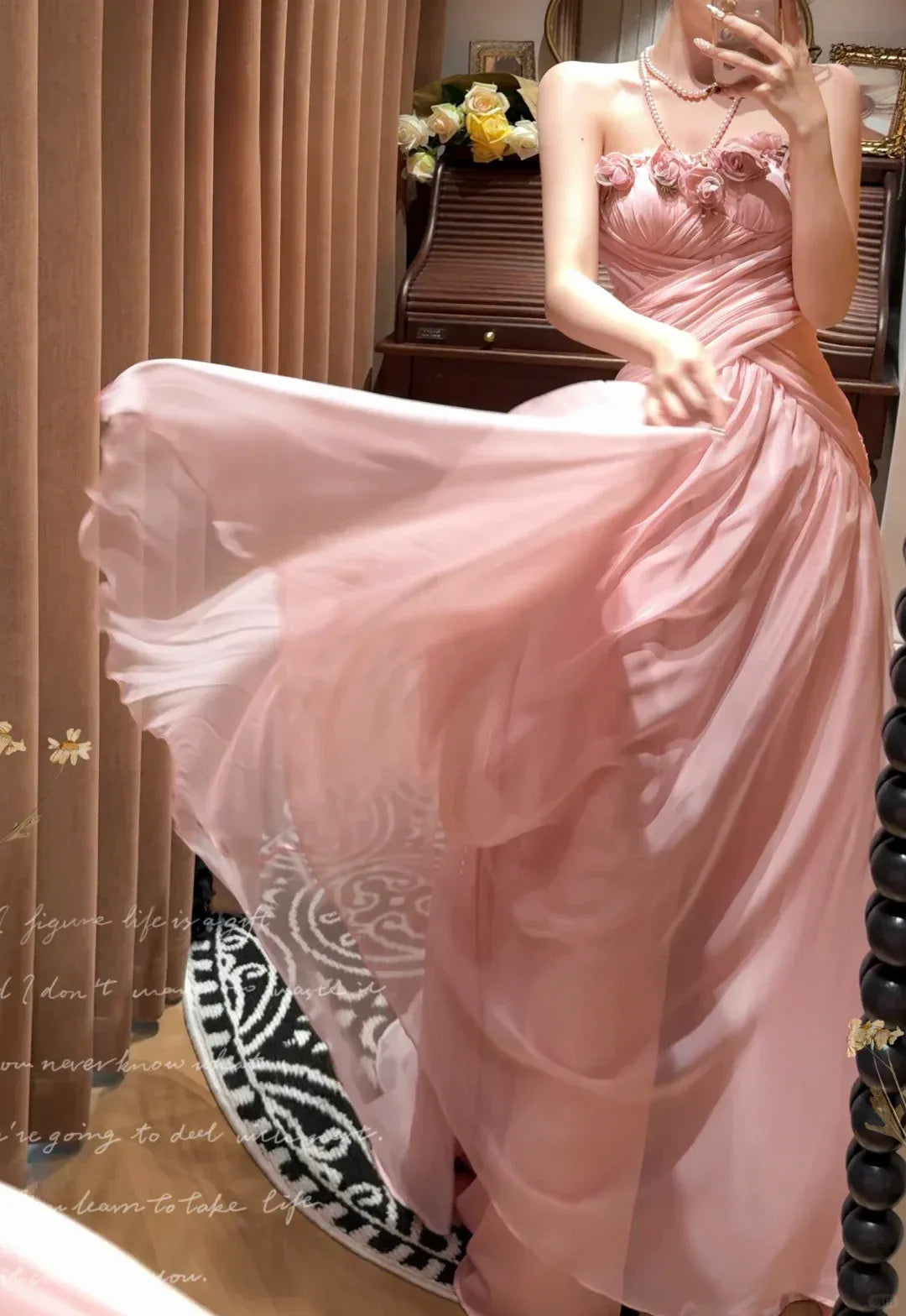 Blush Pink Floral Halter Tulle Gown – Ruched Bodice Flowy Maxi Dress with Pearl Neckline