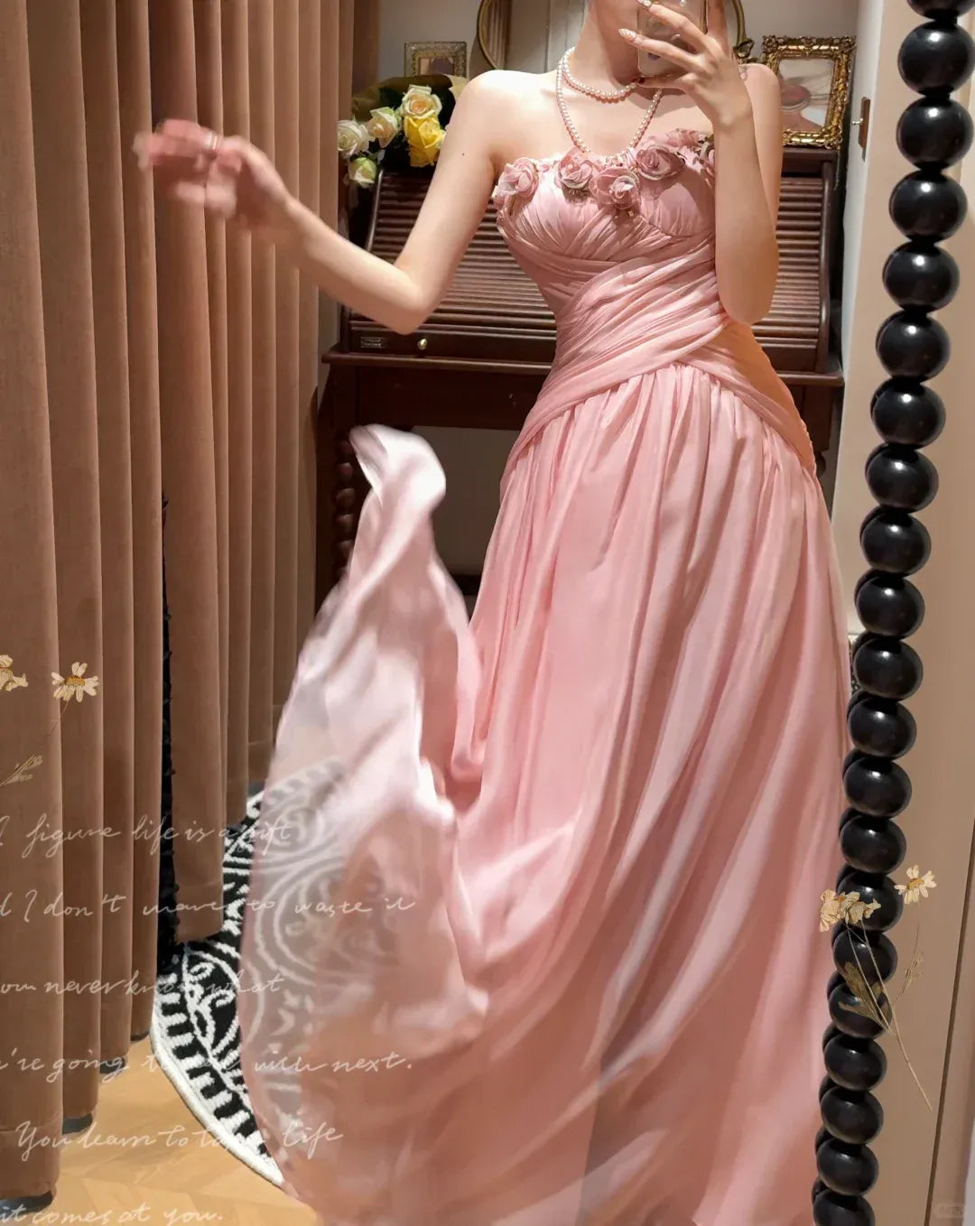 Blush Pink Floral Halter Tulle Gown – Ruched Bodice Flowy Maxi Dress with Pearl Neckline