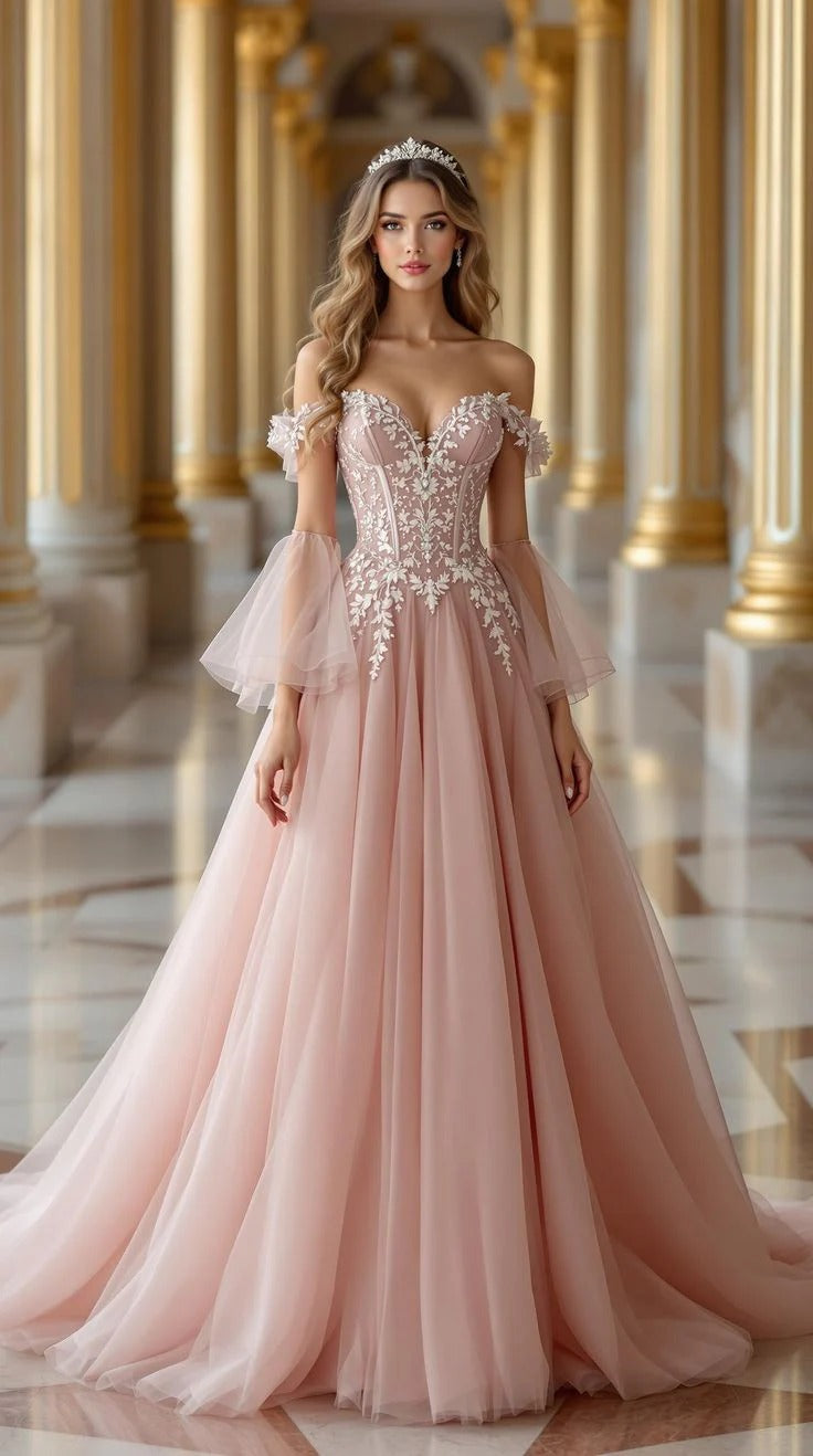 Blush Pink Floral Tulle Ball Gown – Off-the-Shoulder Prom Dress with Bell Sleeves