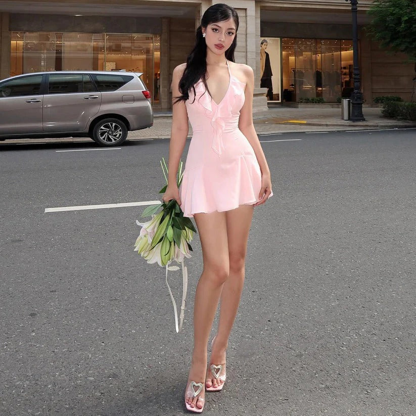 Blush Pink Halter-Neck Ruffle Fit-and-Flare Mini Dress