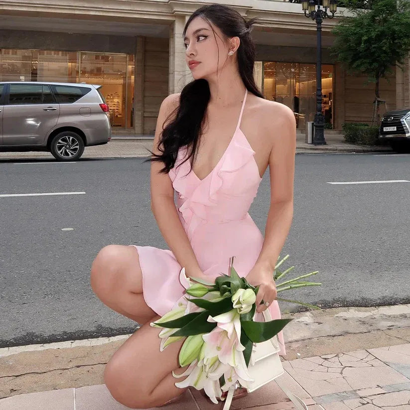 Blush Pink Halter-Neck Ruffle Fit-and-Flare Mini Dress