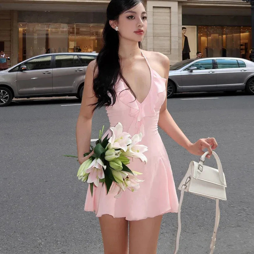 Blush Pink Halter-Neck Ruffle Fit-and-Flare Mini Dress