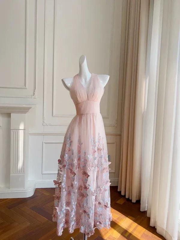 Blush Pink Halter Neck 3D Flower Applique Tulle Midi Dress