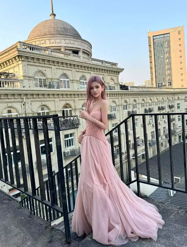 Blush Pink Lace Corset Strapless Tulle Mermaid Gown – Prom Evening Wedding Dress