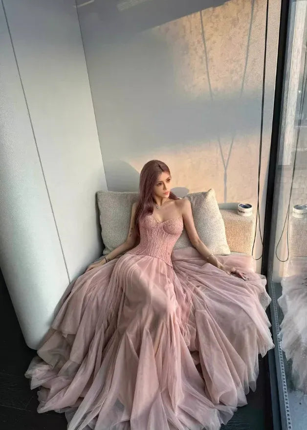 Blush Pink Lace Corset Strapless Tulle Mermaid Gown – Prom Evening Wedding Dress
