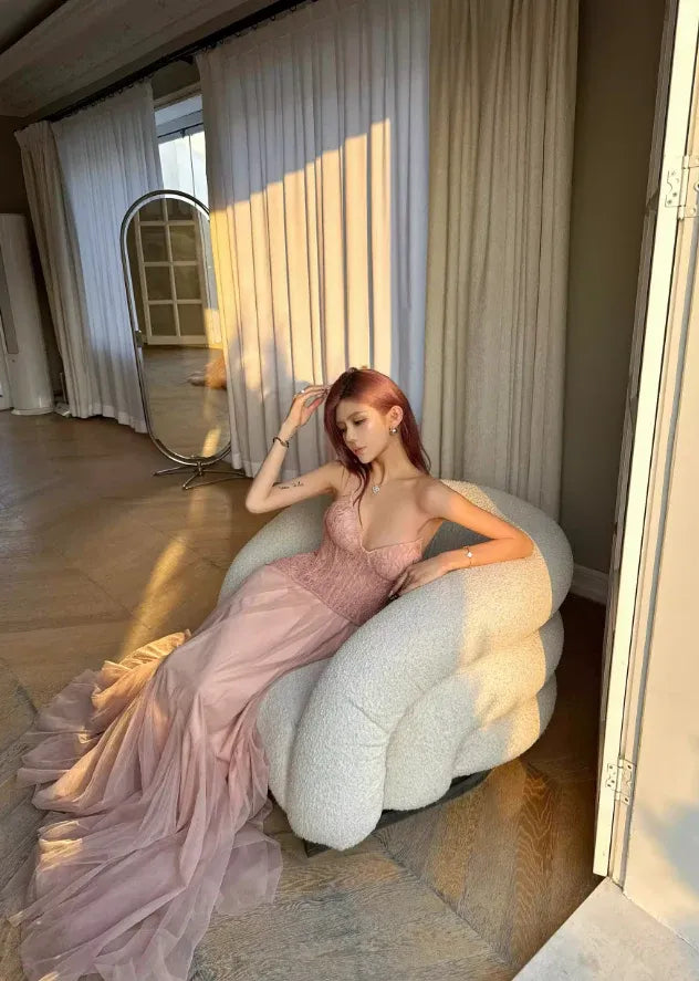 Blush Pink Lace Corset Strapless Tulle Mermaid Gown – Prom Evening Wedding Dress