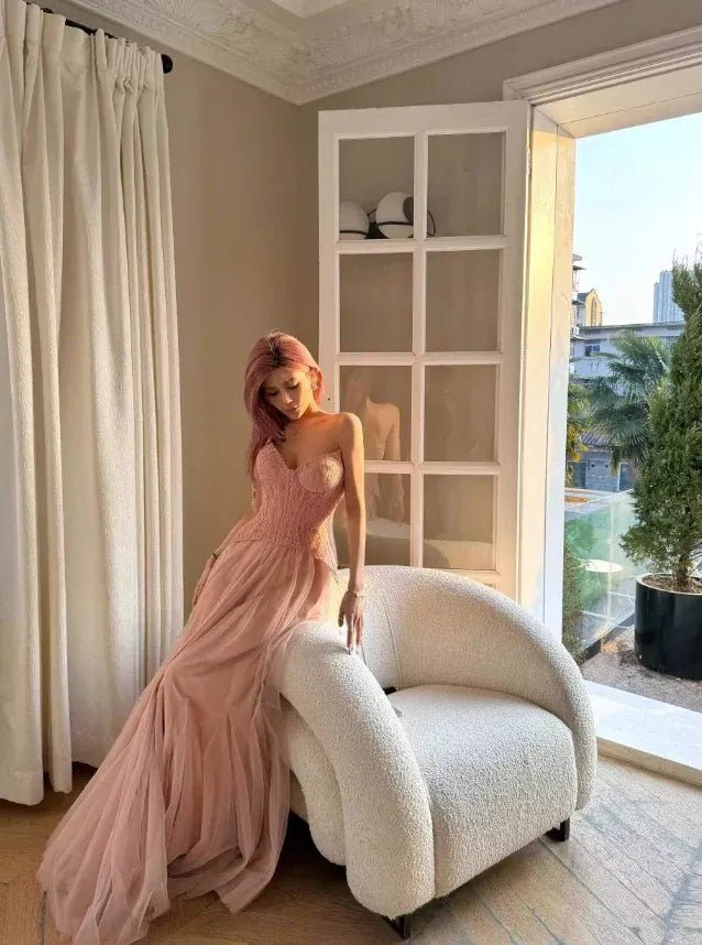 Blush Pink Lace Corset Strapless Tulle Mermaid Gown – Prom Evening Wedding Dress
