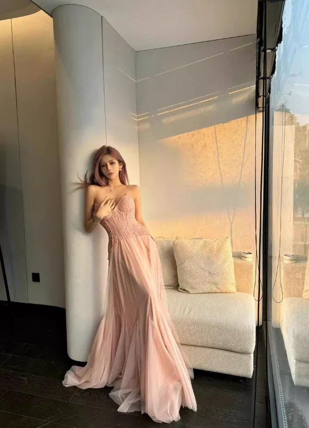 Blush Pink Lace Corset Strapless Tulle Mermaid Gown – Prom Evening Wedding Dress