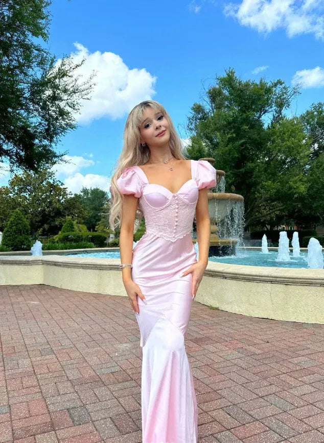 Blush Pink Lace Puff Sleeve Satin Mermaid Gown – Prom Wedding Evening Dress