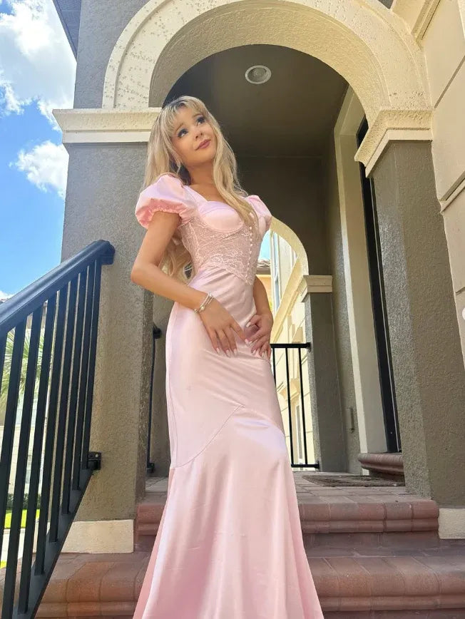 Blush Pink Lace Puff Sleeve Satin Mermaid Gown – Prom Wedding Evening Dress