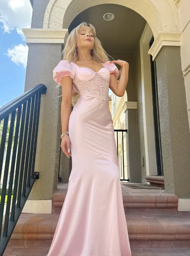 Blush Pink Lace Puff Sleeve Satin Mermaid Gown – Prom Wedding Evening Dress
