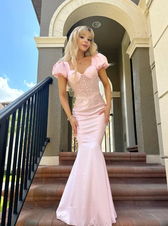Blush Pink Lace Puff Sleeve Satin Mermaid Gown – Prom Wedding Evening Dress