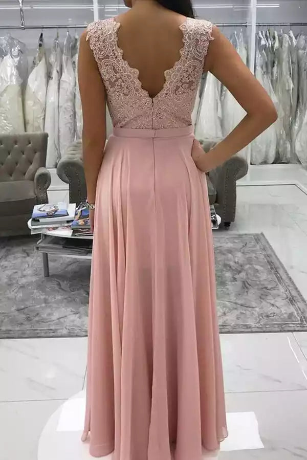 Blush Pink Lace V-Back Chiffon Slit Long Gown – Romantic & Elegant Evening Party Dress
