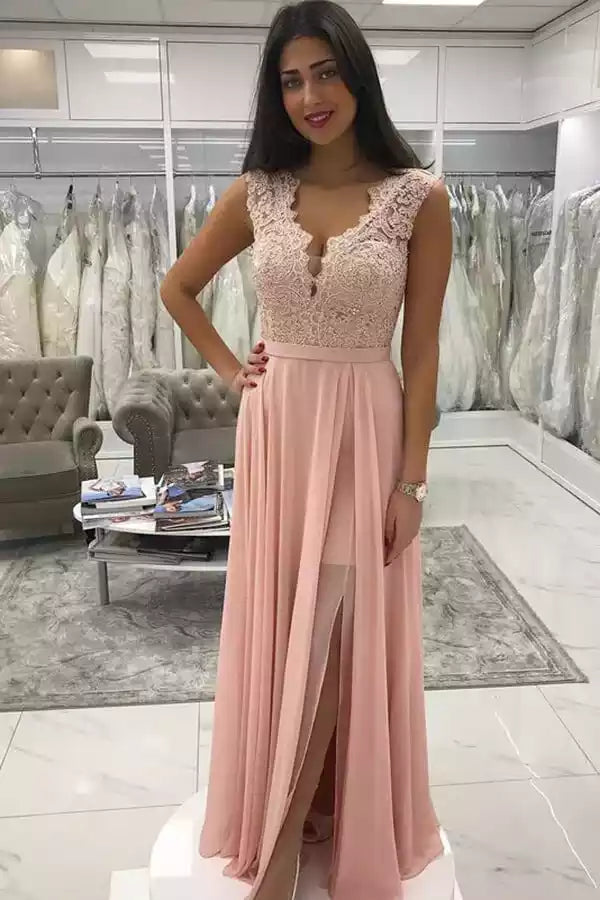 Blush Pink Lace V-Back Chiffon Slit Long Gown – Romantic & Elegant Evening Party Dress