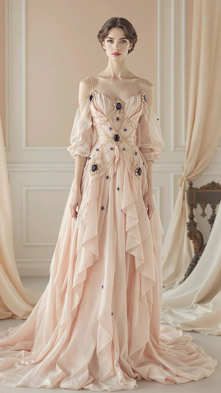 Blush Pink Off-Shoulder Gown – Gem Embellished Ruffle Hem Formal Dress with Train