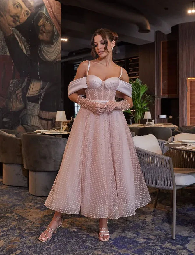 Blush Pink Off-The-Shoulder Corset Dotted Tulle Midi Gown
