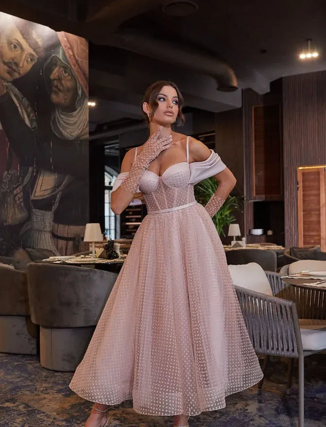 Blush Pink Off-The-Shoulder Corset Dotted Tulle Midi Gown