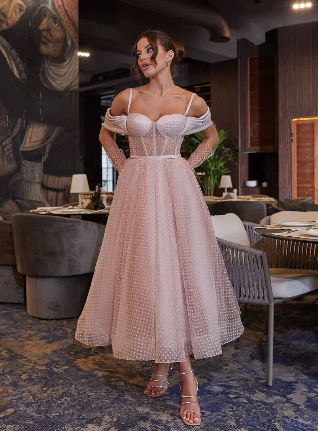 Blush Pink Off-The-Shoulder Corset Dotted Tulle Midi Gown