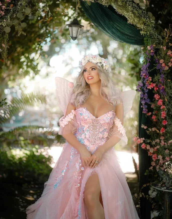 Blush Pink Off-The-Shoulder Floral Lace Tulle Fairy Maxi Gown with Slit