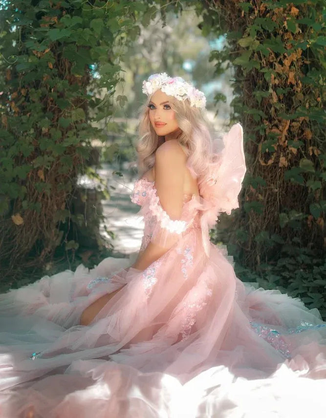 Blush Pink Off-The-Shoulder Floral Lace Tulle Fairy Maxi Gown with Slit
