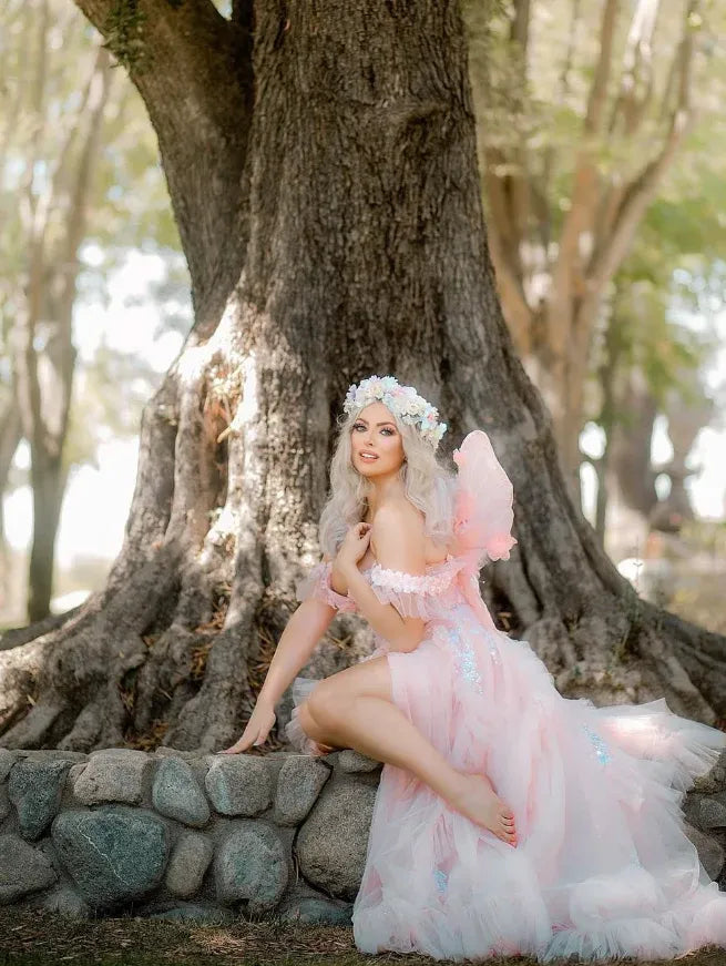 Blush Pink Off-The-Shoulder Floral Lace Tulle Fairy Maxi Gown with Slit