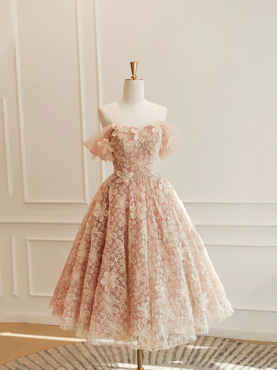 Blush Pink Off-the-Shoulder 3D Floral Lace A-Line Midi Dress with Lace-Up Back