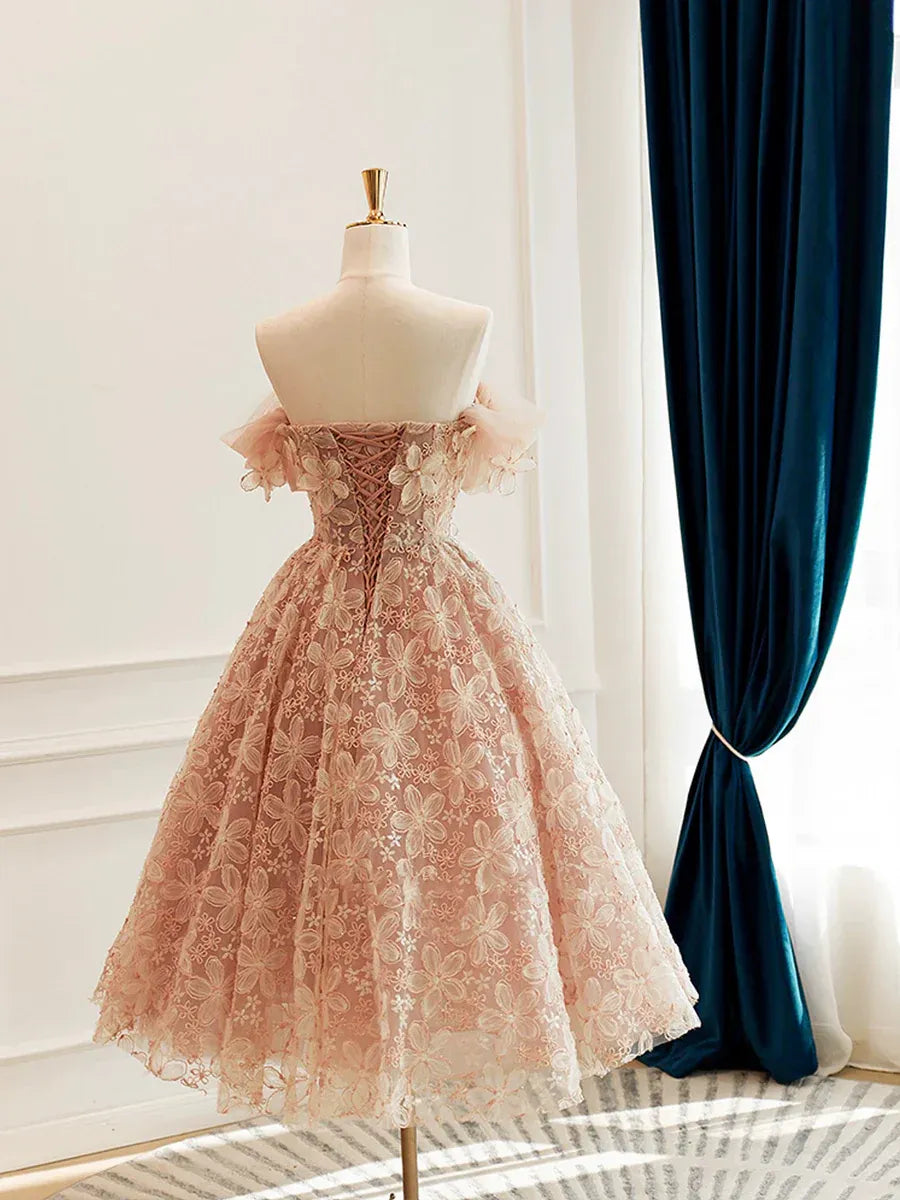 Blush Pink Off-the-Shoulder 3D Floral Lace A-Line Midi Dress with Lace-Up Back