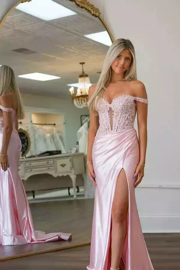 Blush Pink Off-the-Shoulder Lace & Satin Mermaid Slit Gown – Romantic & Elegant Evening Party Dress
