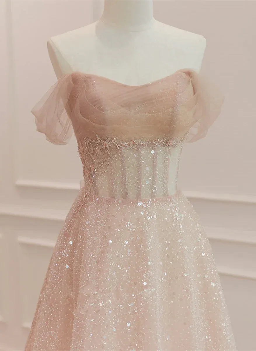 Blush Pink Off-the-Shoulder Ruffle Sleeve Glitter Tulle A-Line Ball Gown with Lace-Up Back