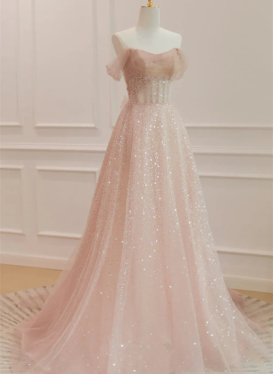Blush Pink Off-the-Shoulder Ruffle Sleeve Glitter Tulle A-Line Ball Gown with Lace-Up Back