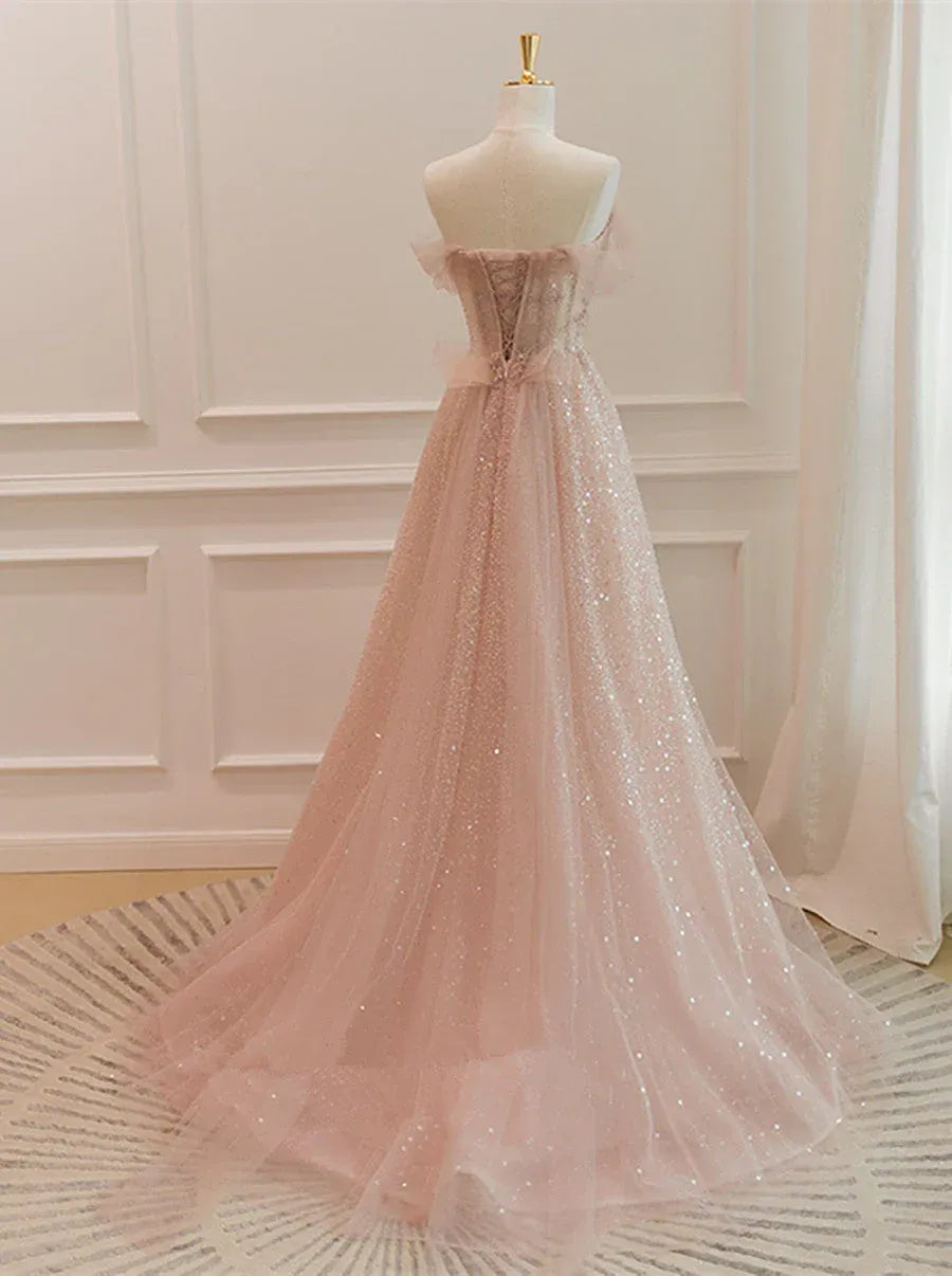 Blush Pink Off-the-Shoulder Ruffle Sleeve Glitter Tulle A-Line Ball Gown with Lace-Up Back
