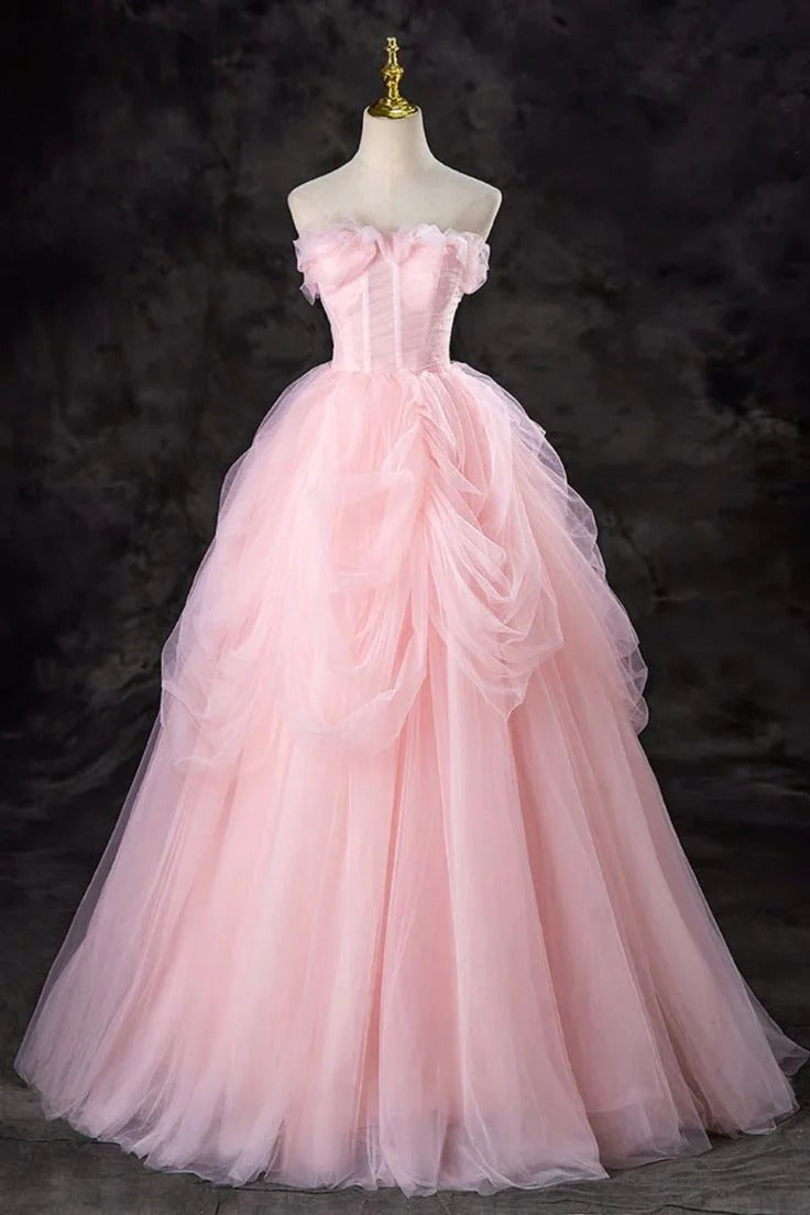 Blush Pink Off-the-Shoulder Ruffle Tulle Ball Gown with Lace-Up Back