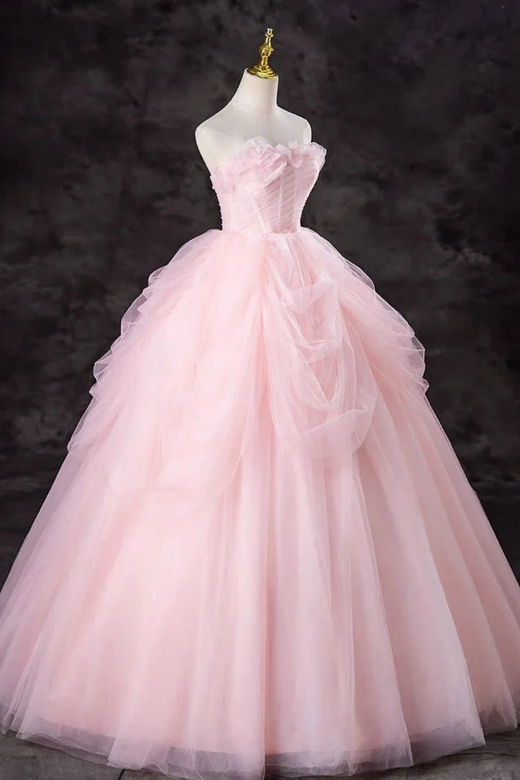 Blush Pink Off-the-Shoulder Ruffle Tulle Ball Gown with Lace-Up Back